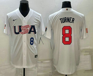 Mens USA Baseball #8 Trea Turner Number 2023 White World Baseball Classic Stitched Jersey